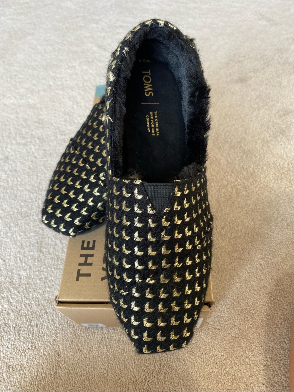 Toms Black and Gold Patterned Slip-On Flats